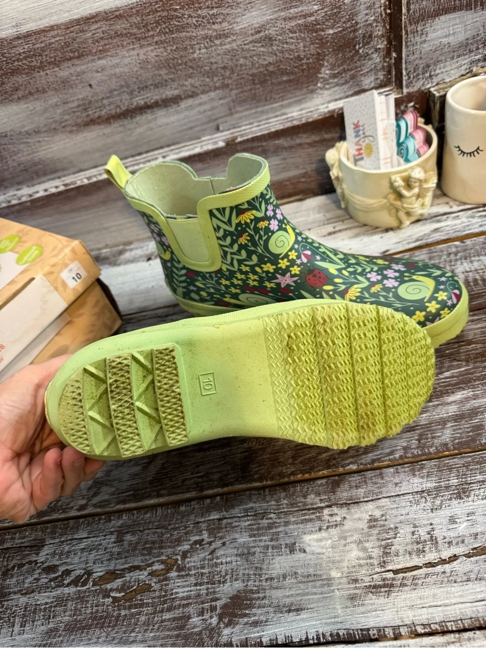 Womens Floral Green Waterproof Chelsea Rain Boots